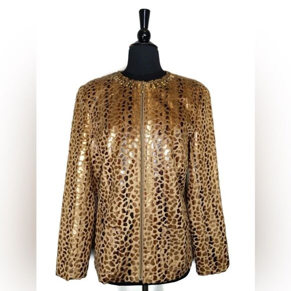 Alfred Dunner Brown Animal Print Beaded Zip Jacket - Picture 1 of 3